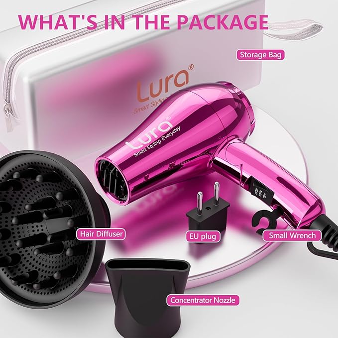 LURA Mini Portable Travel Hair Dryer:Dual Voltage Small Lightweight Blow Dryer with EU Plug,1200W Compact Hairdryer with Folding Handle,with Concentrator&Diffuser Attachment,for Women and Men(Purple)