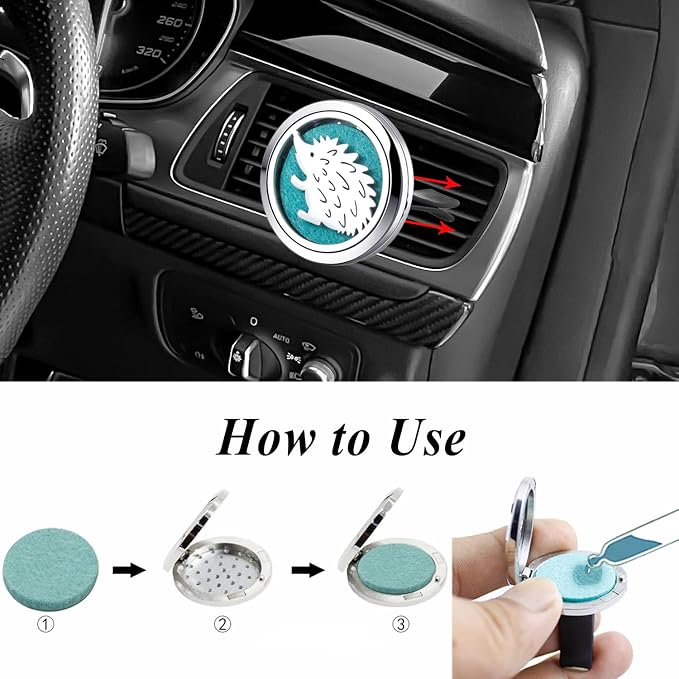 Hedgehog Car Diffuser Refill Oils Set,30mm Stainless Steel Vent Clip,10 Felt Pads Essential Oil Car Air Freshener for Long Lasting Fragrance