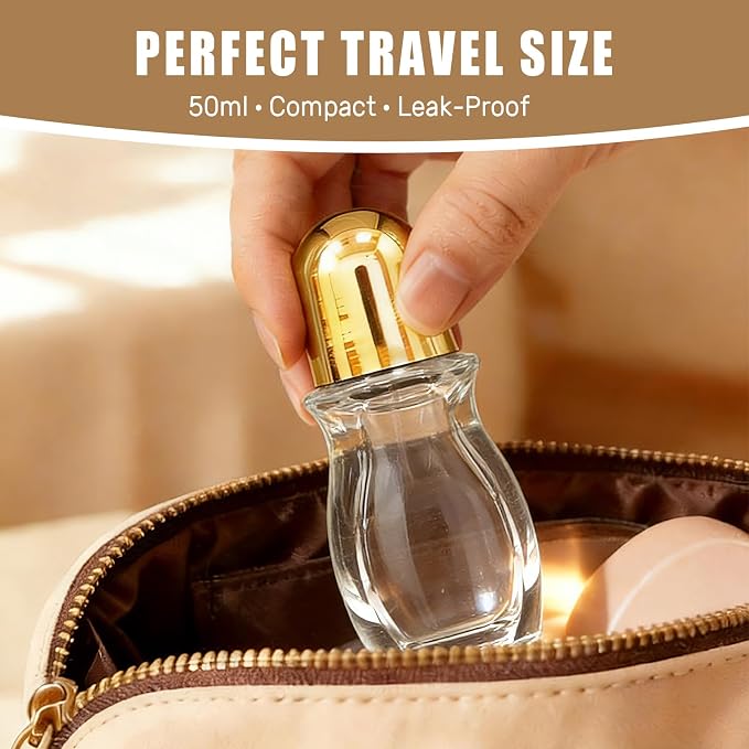 Green Aventurine Clear Roller Waisted Bottles for Essential Oils,50ml Refillable Clear Glass Roll On Bottles with Natural Crystal Roller Balls, Leak-Proof Travel Perfume Bottle with Gold Caps