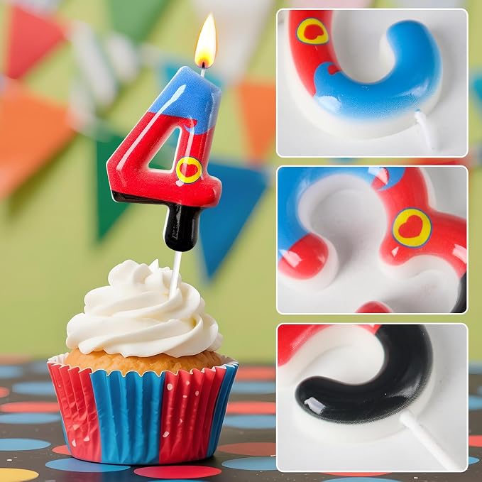 Number 4 Birthday Candle for Cake – Red Blue Cartoon Hero Style with Heart Design – Cute Cake Topper for Birthday Party Decoration