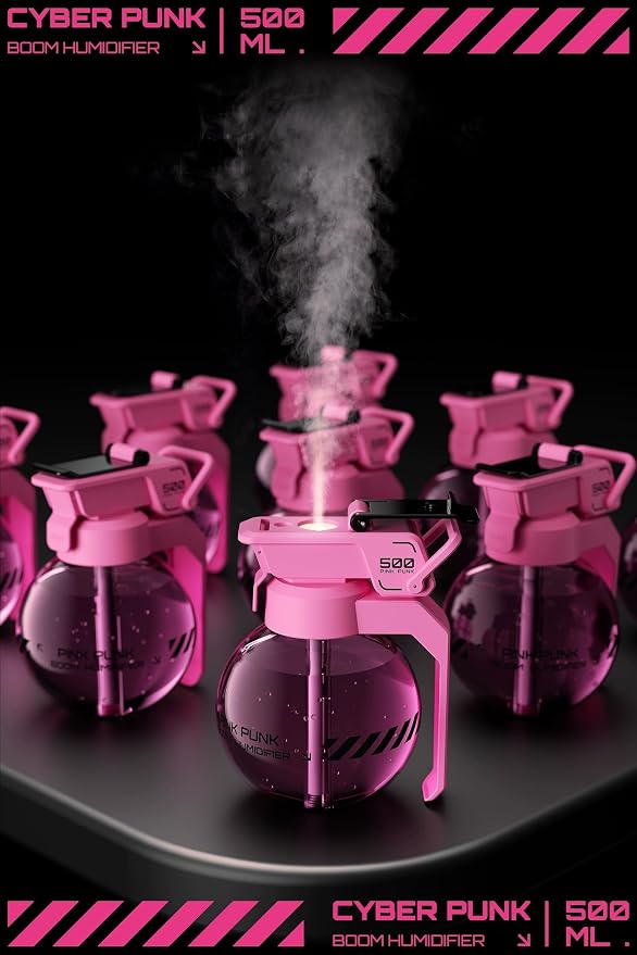 Fangool Mini Cyberpunk Essential Oil Diffuser & Humidifier, 500ml Portable USB Quiet Operation, Auto Shut-Off, 8H Runtime for Gaming, Bedroom, Office, Yoga, Travel Gift (Pink)