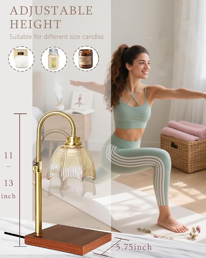 Farmhouse Candle Warmer Lamp with Timer Dimmable Adjustable Gold, Vintage Glass Wax Heated Lamp Wood Base for Large Jar Candles, Gifts for Mothers Day House Warming New Home Office Decor (Amber)