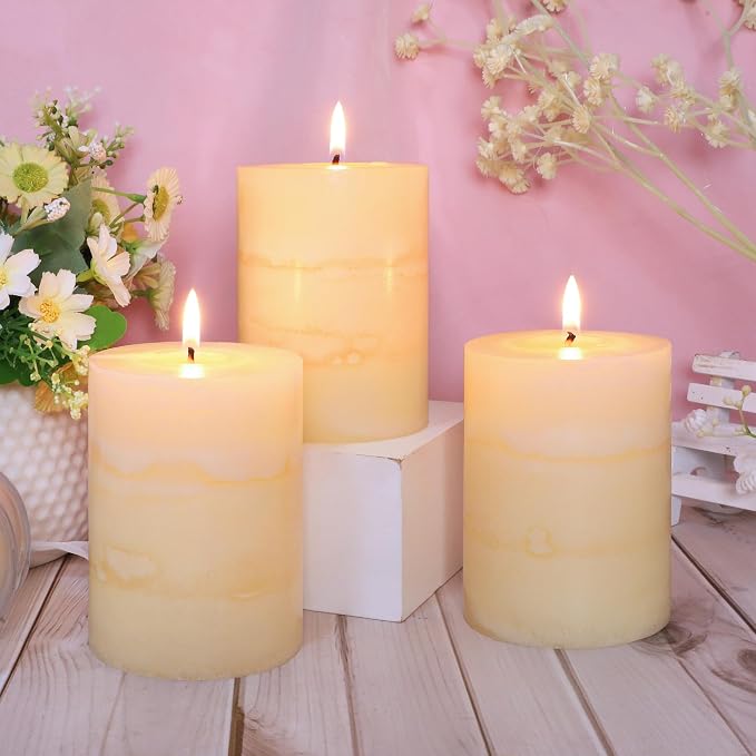 3x4 Inches Jasmine Scented Pillar Candles Ivory White Hand-Poured Candle Long Burning Aromatherapy Candle for Home Scented Wedding Bar Centerpiece Table Decoration, 3 Pack