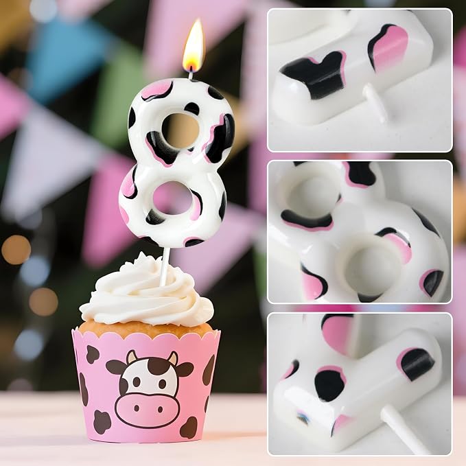 Number 8 Birthday Candle for Cake – Cow Print Design in White Black Pink – Farm Theme & Cowgirl Party Cake Topper Decoration
