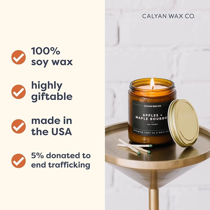 Calyan Wax Co. Redwood & Vanilla Scented Candle - 57 Hour Burn - Luxury Clean Soy Wax Candles - Long Lasting Amber Glass Jar Candle for Home - 7.2oz