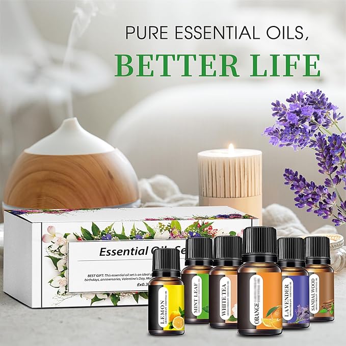 Aromatherapy Essential Oils Kit, 6pcs Pure Scented Oils for Diffuser, Soap, Massage & Home Use - Lavender, Mint, Lemon, Orange, Sandalwood, White Tea