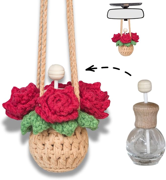 ROFIGL Handmade Crochet Hanging Car Air Freshener - Romantic Red Rose Design, 12ml Refillable Thick Glass Bottle, Car Diffuser for Rearview Mirror, Home & Office Romantic Decor