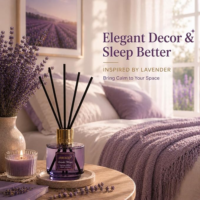 Airkeep Reed Diffuser Set with Refill & 8 Reed Sticks, 6.96 fl oz Lavender Whisper Home Fragrance, Long Lasting Aromatherapy Diffuser for Bedroom, Bathroom & Living Room