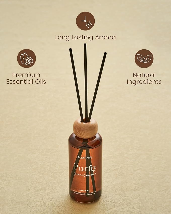 M&SENSE Reed Diffuser Set, Jasmine Sandalwood Scented 6.3 fl oz Natural Essential Oil Diffusers with Sticks, Non-Toxic Organic Air Freshener, Long-Lasting Fragrance Oils for Home Bathroom Living Room