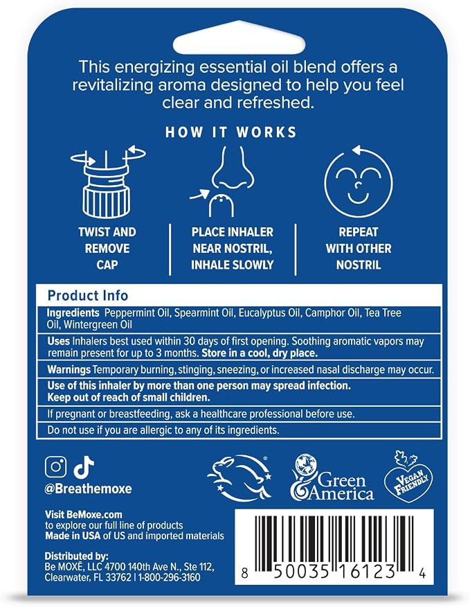 MOXE Migraine Relief Nasal Inhaler, Essential Oils for Headaches & Tension Relief, Portable Aromatherapy, Easy-to-Use, Pure & Undiluted, Peppermint, Spearmint, Eucalyptus, Tea Tree, 1 Pack