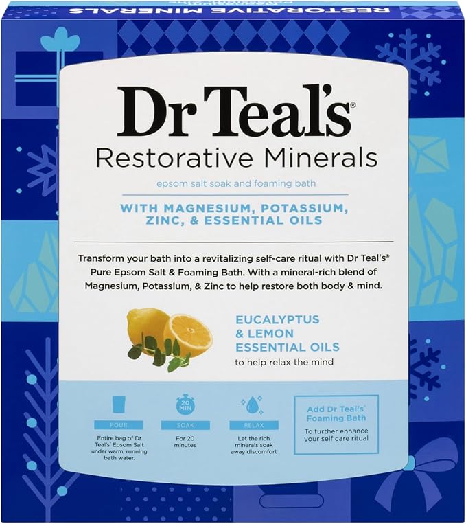 Dr Teal's Holiday Limited Edition Bath Gift Set | Epsom Salt Soak and Foaming Liquid, 14 oz Salt, 3 fl oz Bath (Fresh Minerals)