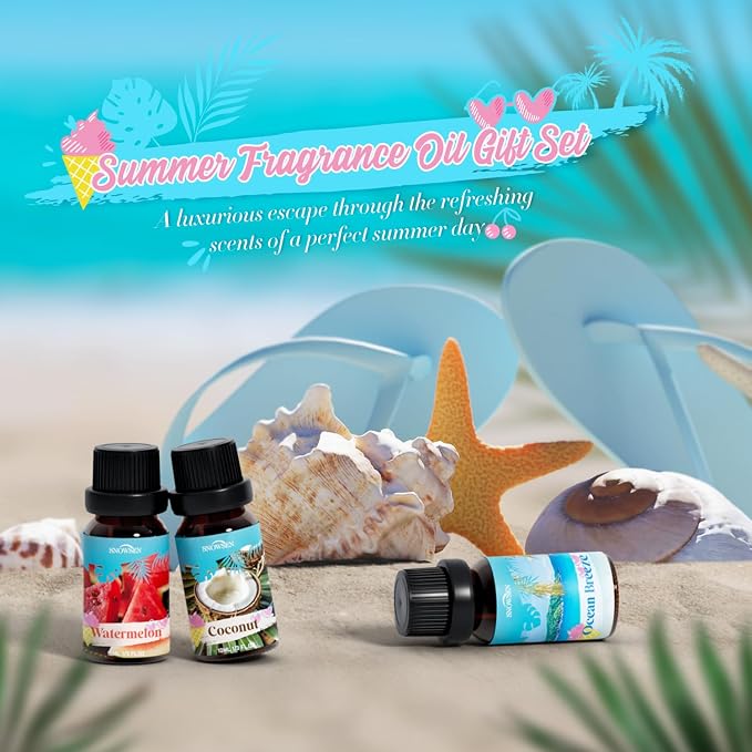 Summer Essential Oil Set for Diffusers for Home Premium Fragrance Oils - Includes Watermelon, Coconut, Ocean Breeze, Plumeria, Vanilla Ice Cream & Pina Colada, Candle Making Scents, 6X10ml