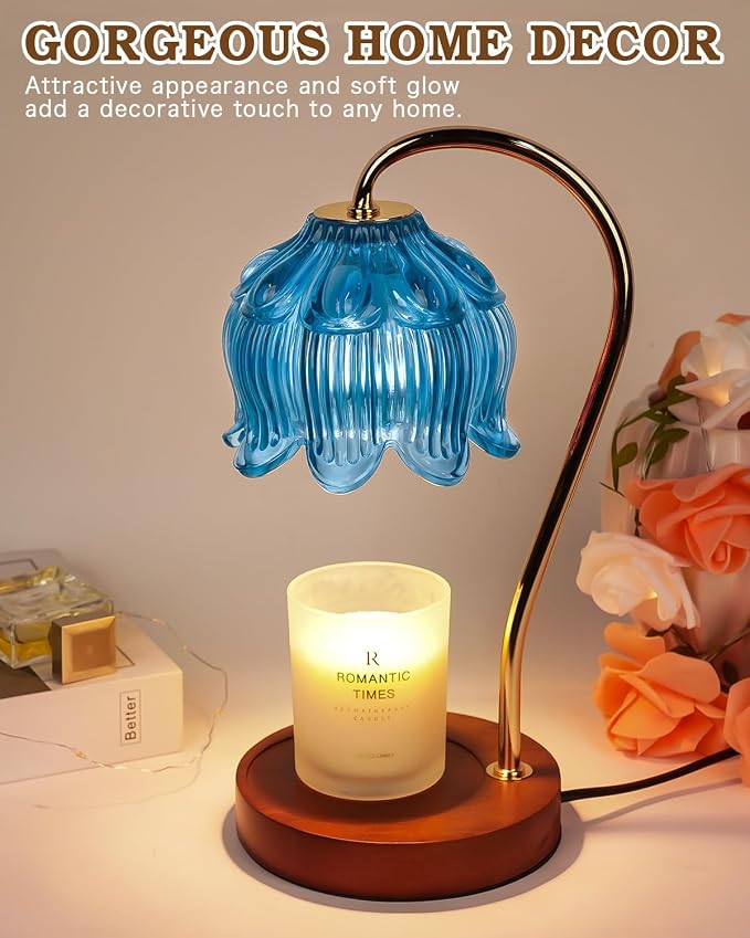 Funistree Flower Candle Warmer Lamp with Timer, Dimmable Candle Lamp Warmer, Christmas Birthday Gifts for Women Mom Her, Housewarming Home Decor, Lotus Wax Warmer for Yankee - Blue Lily 10 Inch