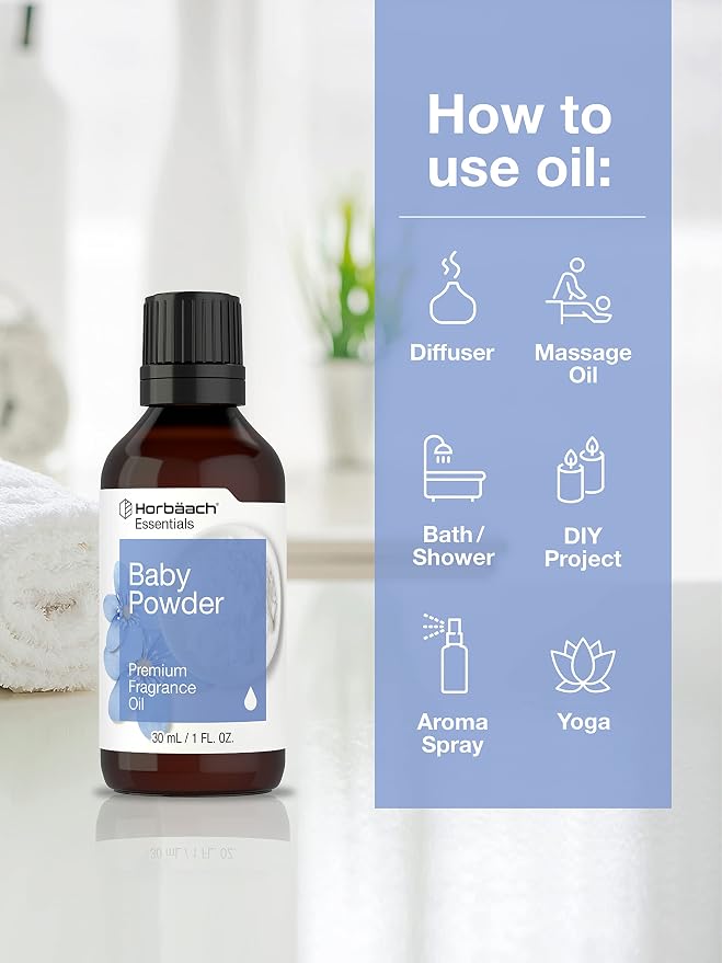 Horbäach Baby Powder Fragrance Oil | 1 fl oz (30ml) | Premium Grade | for Diffusers, Candle and Soap Making, DIY Projects, Aroma Spray, & More