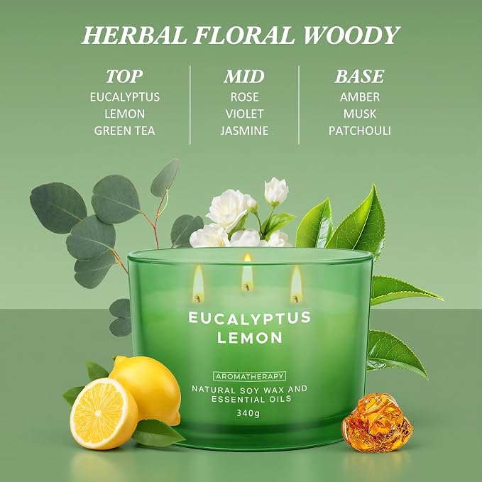 Eucalyptus Lemon Candles for Home Scented, 12oz Large Scented Candles for Women Men, Natural Soy Aromatherapy Candle, 70 Hours Long Burning Amber Jar Candle Gifts for Mom, Dad, Her, Wife