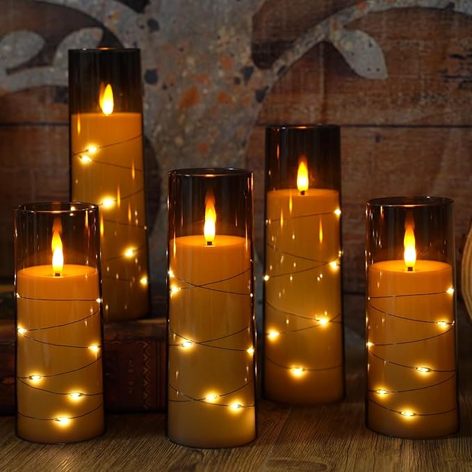 Eebuss Flameless Candles with Embedded Star String, Battery Operated LED Pillar Candles with Timer and Remote Control,Home Decorating for Ambiance， Set of 7(Grey)