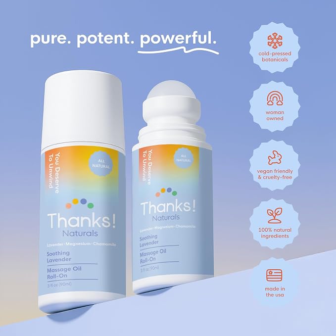 Massage Oil Roll On, Soothing Lavender Magnesium, Vegan, Cold Pressed with Lavender, Chamomile, Arnica & Essential Oils, Use After Shower or Before Bed, Self Care Essential, 3 FL OZ