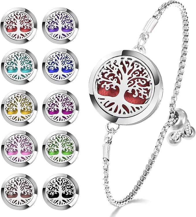 Essential Oil Diffuser Bracelet Aromatherapy Locket Adjustable Stainless Steel Tree of Life Bracelet with 10 Pcs Refill Pads for Women Girls