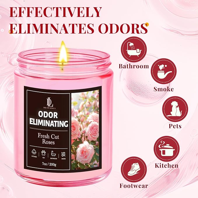 4 Pack Odor Eliminating Highly Fragranced Candle, Eliminates 95% of Food, Pet, Smoke, and Bathroom Quickly, Air Freshing Scents of Lemon/Mint Eucalyptus/Coconut/Roses, Soy Candles Gift for Women Men