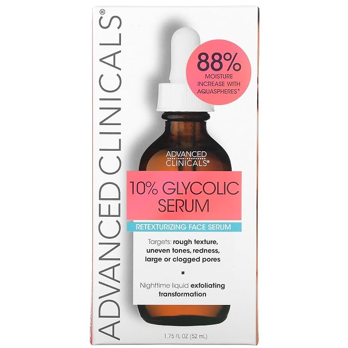 Advanced Clinicals Exfoliating 10% Glycolic Acid Serum For Face + Lactic Acid | Facial Exfoliant AHA + Salicylic Acid Serum To Improve Look Of Large Pores, Uneven Skin Tone, & Dark Spots, 1.75 FL Oz