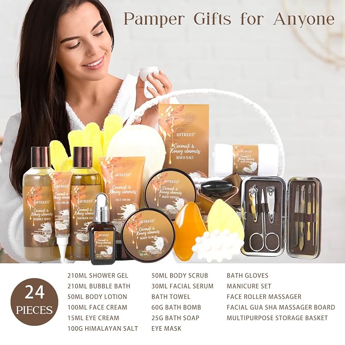 Coconut & Honey Almond Bath and Body Gift Basket Set, 24 Pcs Spa Gift Basket with Lotion, Face Cream, Himalayan Salt, Eye Cream, Facial Serum & More Bath Set Gifts for Girls, Birthday Gifts for Men