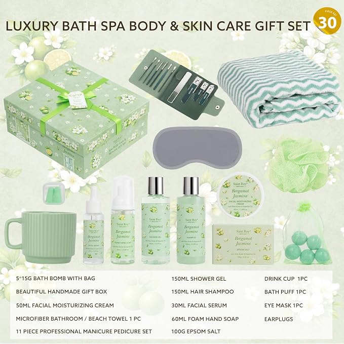 30 Pcs Spa Gifts for Women & Men, Bergamot Jasmine Bath & Body Gift Basket | Self-Care Relaxation Set, Face Skin Care Kit, Home Spa Gift, Birthday Christmas Anniversary, Cup Gift spa kit for Man & Mom