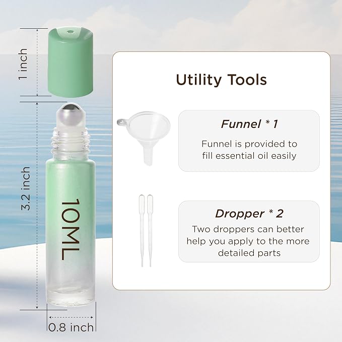 SESENSE Essential Oil Roller Bottles, 10ml Thick Glass Perfume Roller Bottles with Funnel Opener and Dropper Colored Glass Empty Bottles with Stainless Steel Roller Balls (Green, 4 Pack)