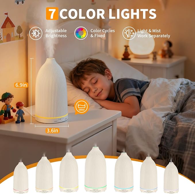 URPOWER 100ML Essential Oil Diffuser Ultrasonic Cool Mist Humidifier with 7 LED Lights, Timer & Auto-Off Quiet Aromatherapy Scent Diffuser for Home Bedroom Office Relaxation