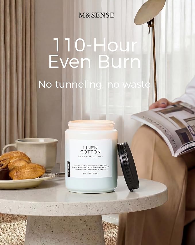 M&SENSE Fresh & Linen Cotton Scented Candles for Home, 19.4oz Natural Soy Wax, 110-Hour Long Lasting, Non Toxic Clean Cotton Scent for Laundry Day, Aromatherapy Home Fragrance Gifts for Family