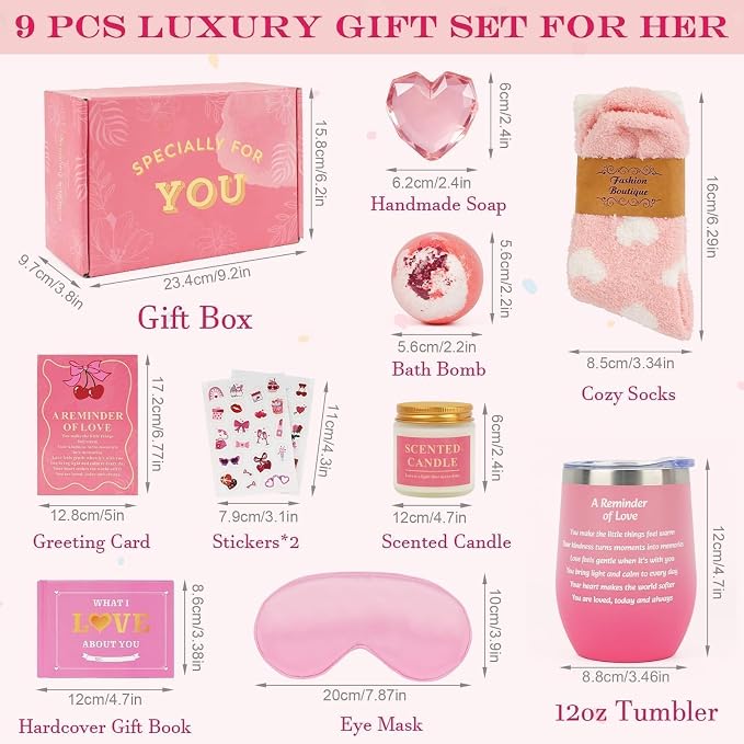 Gift Basket Birthday Gifts Set for Wife Women Unique Self Care Gift Box With Thermos cups,Heart Handmade Soap,Eye masks Valentines Day Spa Mothers Day Gift for Her Girlfriend Mom Sister Daughter