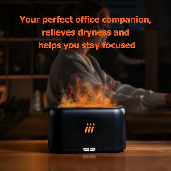 Flame Diffuser for Essential Oils, 180ml Aromatherapy Diffuser with Flame Effect, Quiet Cool Mist Humidifier, Auto-Off, Small Oil Diffuser for Home, Office,Bedroom, Gifts (Black)