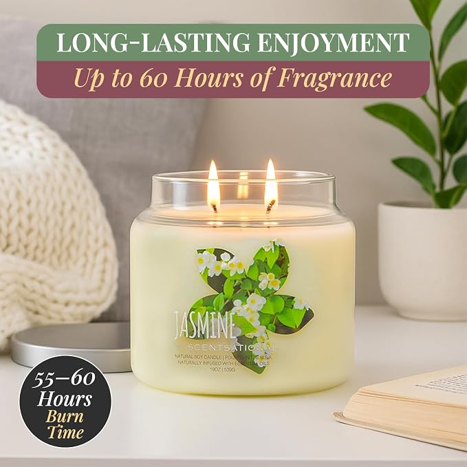 Scentsational Jasmine Candle – Large 19 Oz Hand-Poured Soy Candle in Elegant Glass Jar – Non-Toxic Decorative Candles with Clean Burn – Jasmine Scented Candles for Relaxation, Gifting & Home Décor