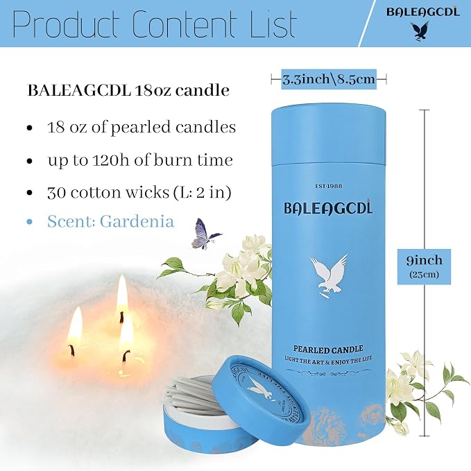 Pearled Candle 18oz(1.1lb) with 30 Cotton Wicks - Gardenia Tranquility Scented Powder Wax Refillable Candles Burns up to 120 Hours Non Toxic for Candle Making Wedding Decorations