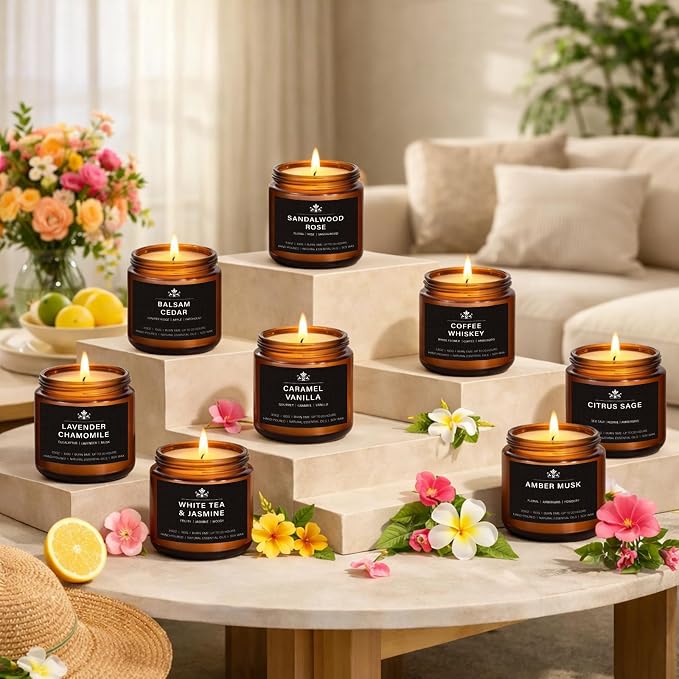 8 Pack Soy Wax Scented Candles Gift Set, Aromatherapy Candles with Lavender Chamomile, Citrus Sage, Caramel Vanilla, Coffee Whiskey, Long Lasting Stress Relief Candle, Unisex Home & Gift Set for Men