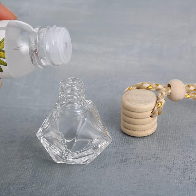 Patelai 12 Pcs 8ml Hanging Car Air Freshener Diffuser Bottle Empty Clear Glass Essential Perfume Oil Aromatherapy Fragrance Perfume Pendant Glass Bottle Decor with Wooden Caps(Assorted Style)