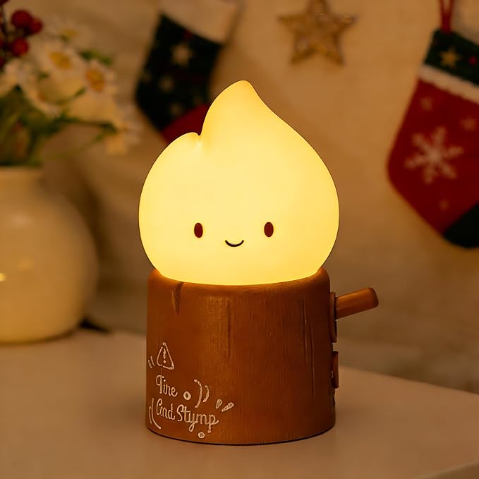 Stump Fire Night Light, Flameless Candles Lamp, Rechargeable Silicone Flame lamp, Portable Campfire Light, Cute Night Light for Bedroom, Outdoor, Camp, Funny Gifts for Kids Teens Adults