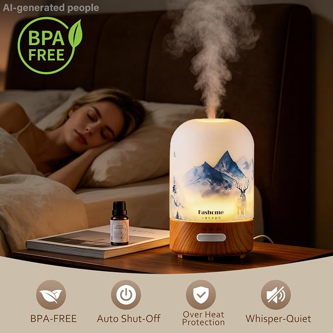 Essential Oil Diffuser, Hand Blown Glass Aromatherapy Diffuser, Ultrasonic Cool Mist Scent Aroma Humidifier, Diffuser Oil Machine Whisper Quiet with Auto Shut-Off for Home Bedroom Office(<25dB)
