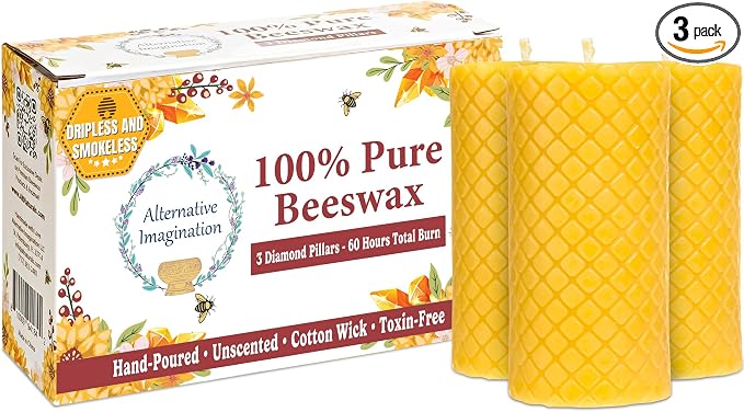 Alternative Imagination Diamond Beeswax Pillar Candles – 3 Pack of 2x4 Inch Unscented Candles - Hand-Poured - 100% Pure Beeswax - Natural Honey Aroma - Dripless Long-Burn - Altar & Decor Use