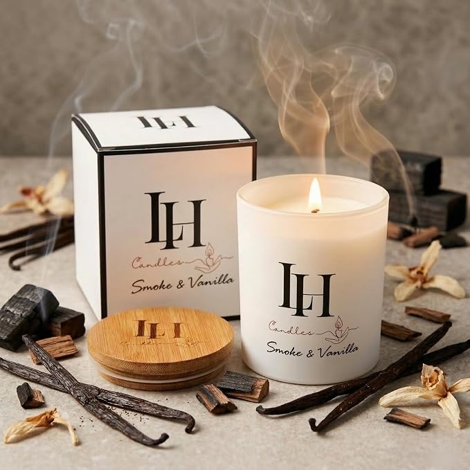 LH Smoke and Vanilla Scented Candle - Soy Wax Natural Candle - Relaxing Gifts for Women - Long Lasting Tobacco Vanilla Bean and Sandalwood Highly Scented Candles for Home Decor