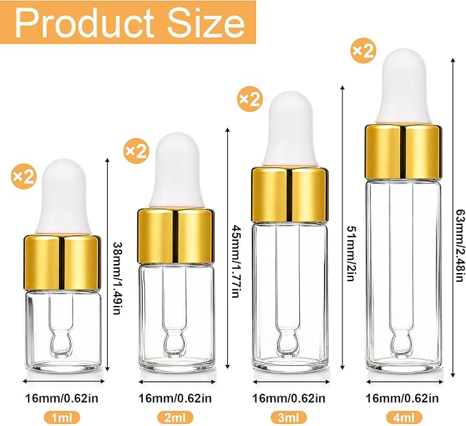 8 Pack Glod Eye Dropper Bottle Rose for Essential Oils | Glass Vials Bottles Empty Travel Oil Droppings Bottles with Cap for Essence Liquid Cosmetic (1ml, 2ml, 3ml, 4ml), Glod