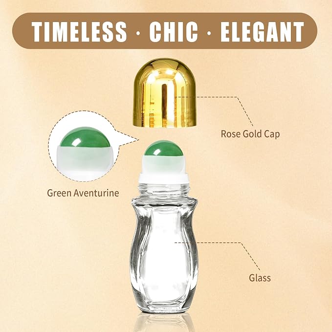 Green Aventurine Clear Roller Waisted Bottles for Essential Oils,50ml Refillable Clear Glass Roll On Bottles with Natural Crystal Roller Balls, Leak-Proof Travel Perfume Bottle with Gold Caps