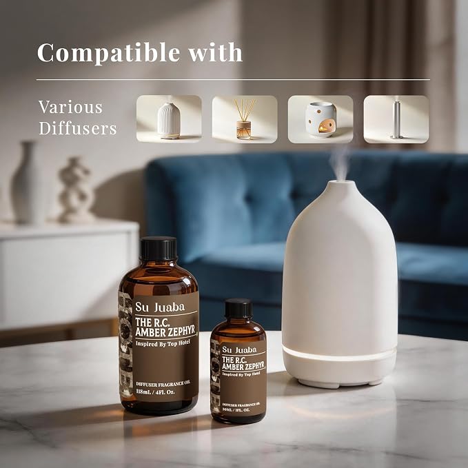SU JUABA The R.C. Amber Zephyr Diffuser Oil Luxurious Hotel-Inspired Scent - Ambergris Sea Breeze Abies Fabri for Aromatherapy Machines & DIY Crafting - 4Fl Oz