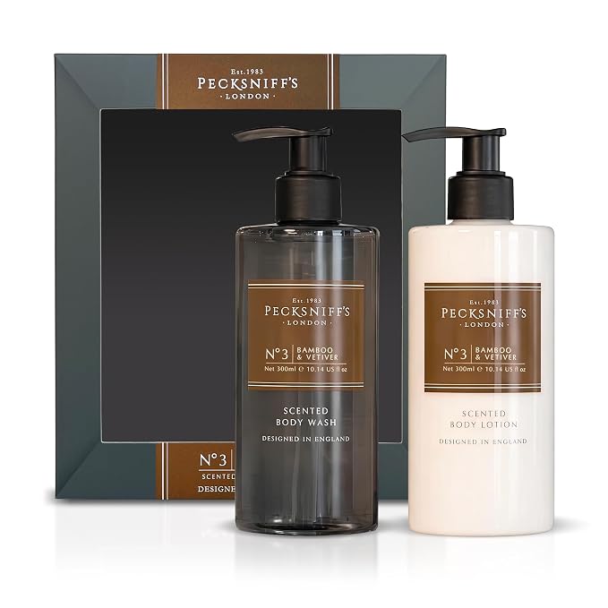 Pecksniffs Mens Bathing Duo Collection – Bamboo & Vetiver Scented Body Wash and Body Lotion Gift Set, 2 x 250ml