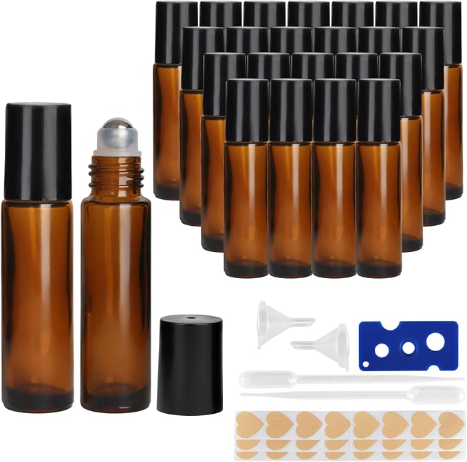 24-Pack 10ml Amber Glass Roll-On Bottles with Stainless Steel Rollers, Refillable Roll-On Applicators for Essential Oils, Castor Oil, Aromatherapy, and Empty Deodorant Containers