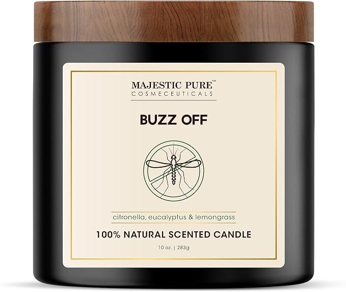 Majestic Pure Citronella Eucalyptus Lemongrass Scented Candle with Upto 45+ Hrs Burn Time, 2-Wick Candle, Soy Wax Blend for Cleaner Burn, 10 oz Jar Candle with Room Filling Fragrance, Buzz