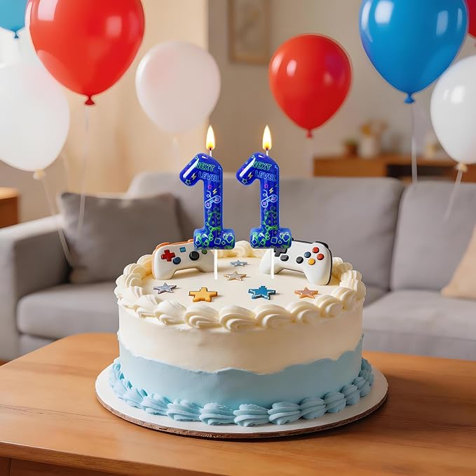 Number 11 Birthday Candle for Cake – Blue Gaming Theme Number Candle with “Next Level” Design, Video Game Style Cake Topper for Anniversary & Celebration