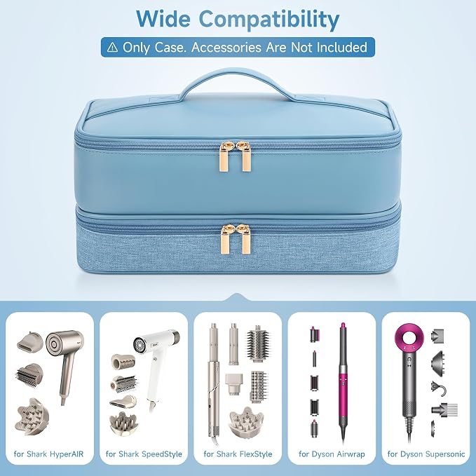 Travel Hair Dryer Case for Shark Flexstyle, Double-Layer Carrying Case for Shark Flex Style Blow Dryer, Portable Hair Tools Storage Organizer Bag for Shark Beauty Hairdryer Attchments (Misty Blue)