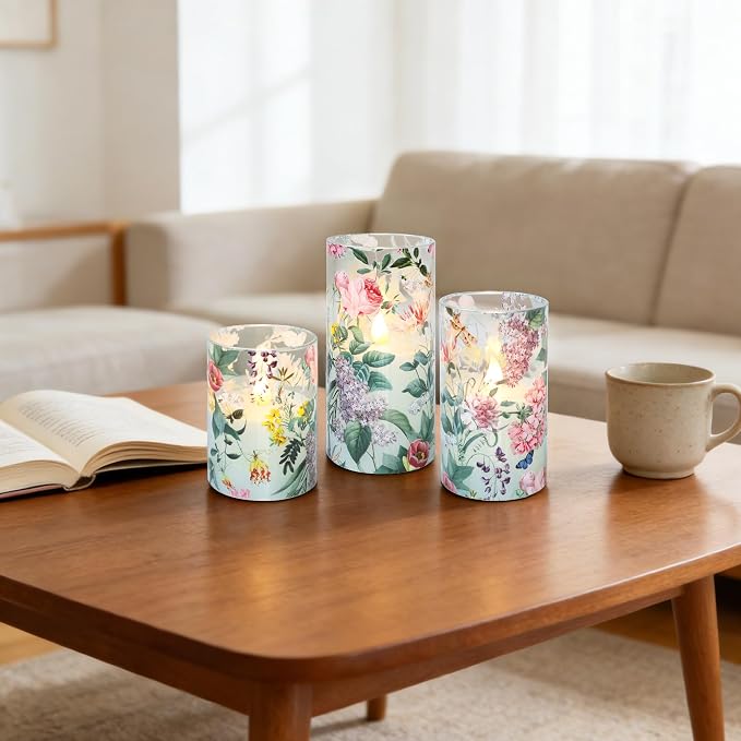 Floral Flameless Candles with Remote Timer, Pink Rose and Lilac Pattern LED Glass Candles, Battery Operated for Home Party Wedding Christmas Spring Valentine's Day Decor, Set of 3