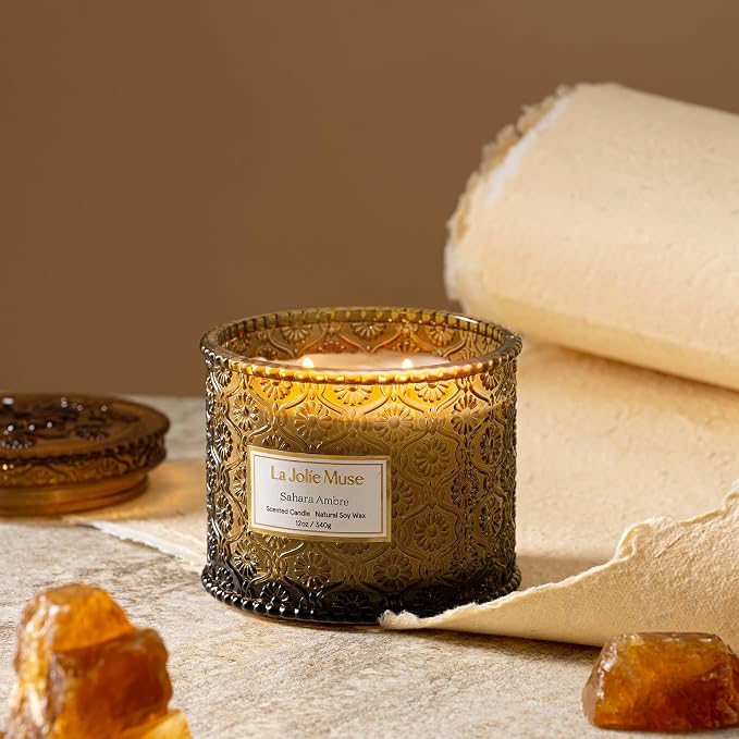 LA JOLIE MUSE Sahara Amber Scented Candles for Home, Natural Soy Wax 2-Wick | Large Jar Luxury Candle, Clean Non Toxic, Gift for Women & Men, Decorative Candles, Pretty Candle, Bergamot, Musk & Patchouli