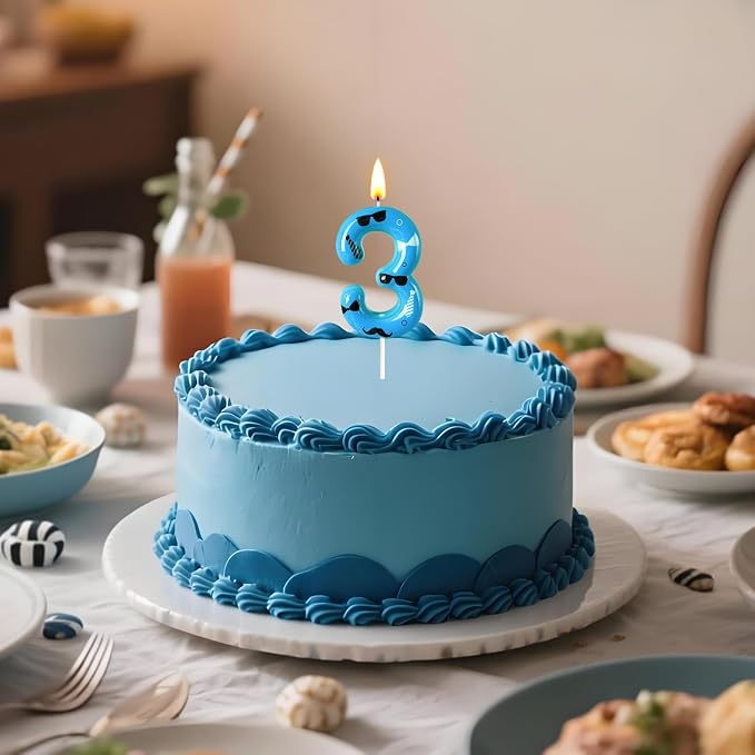 Number 3 Birthday Candle for Cake – Blue Gentleman Style with Sunglasses, Bow Tie & Mustache Design – Cool Cake Topper for Birthday Party Decoration